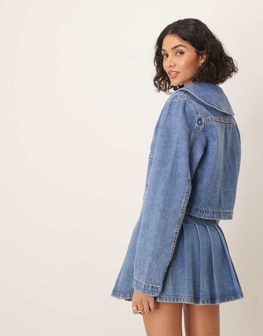 ASOS DESIGN denimjacka med rund krage i mellanblå koord - Image 3