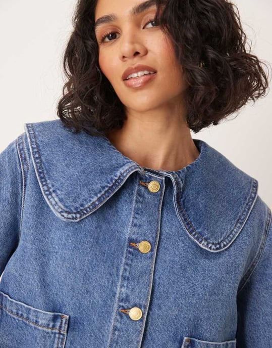 ASOS DESIGN denimjacka med rund krage i mellanblå koord - Image 4