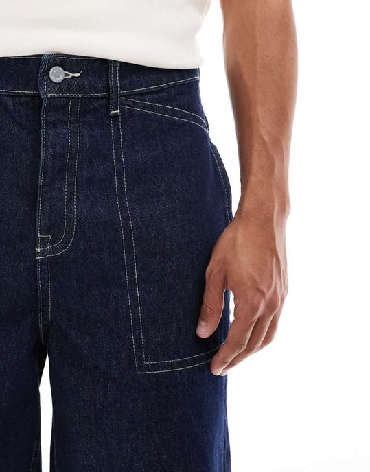 ASOS DESIGN unisex lång längd denim shorts med kontrasterande sömmar i tvättad blå - Image 3