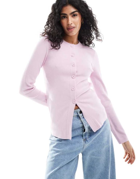 ASOS DESIGN crew neck longline cardigan in pink - Image 1