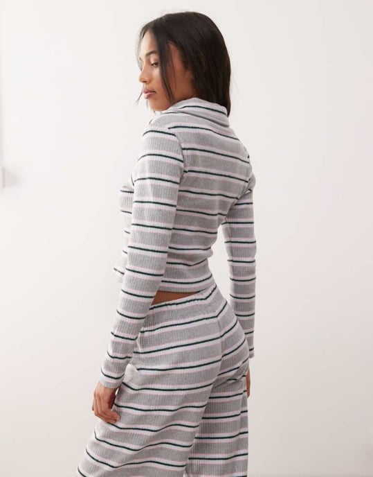 Reclaimed Vintage brushed stripe polo cardigan co-ord in grey stripe - Image 2