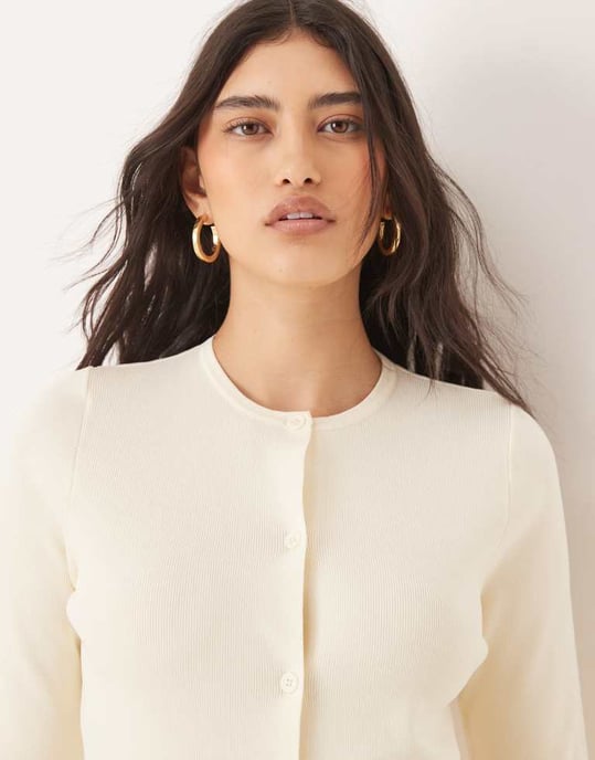 ASOS DESIGN knitted clean compact button through crew neck cardigan co-ord in buttermilk - Image 3