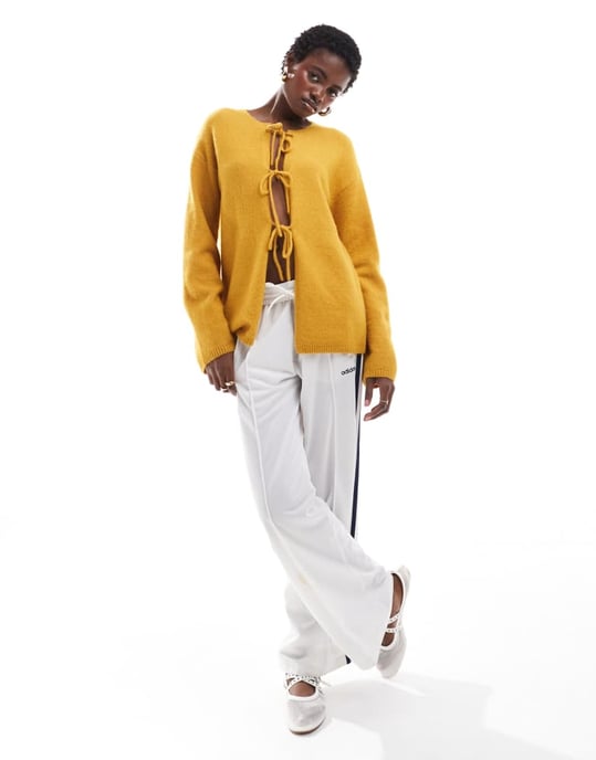Monki stickad fjärilsknyte cardigan i gul melange - Image 3