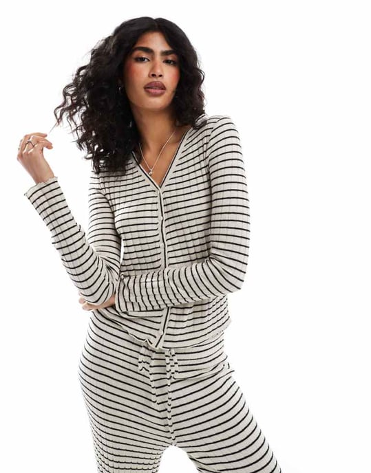 Pieces long sleeved jersey cardigan co-ord in mono stripe - Image 1