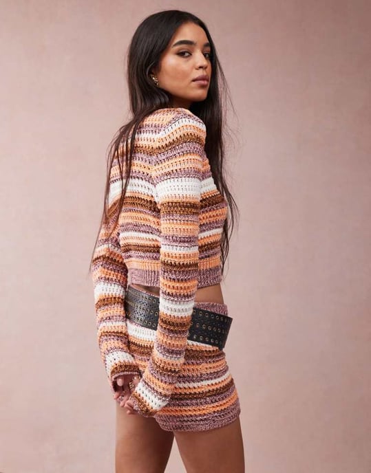 ASOS DESIGN knitted crochet stripe cardigan co-ord in multi twist yarn - Image 4