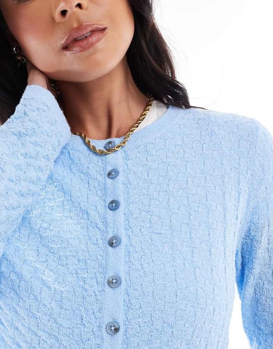 ASOS DESIGN textured knitted stitch detail crew neck cardigan in blue - Image 3