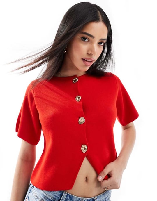 ASOS DESIGN compact knit short sleeve cardigan in red - Image 1