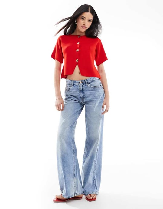 ASOS DESIGN compact knit short sleeve cardigan in red - Image 2