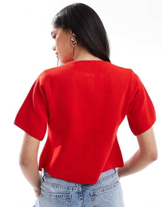 ASOS DESIGN compact knit short sleeve cardigan in red - Image 4