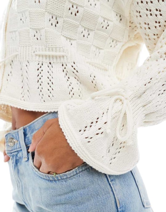 Miss Selfridge knitted tie waist peplum cardigan in cream - Image 3