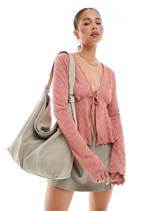 ONLY tie front wide sleeve cardigan in light pink - Image 1