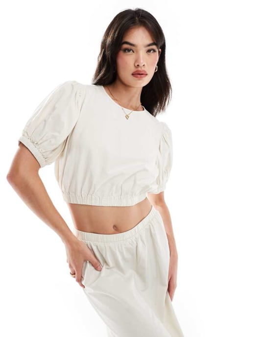 Vila bomullspuffärmad topp-koord i beige - Image 1