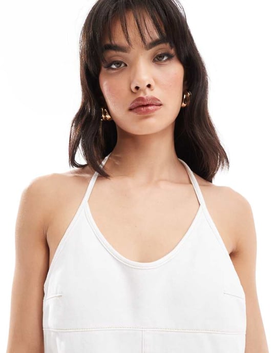 ASOS DESIGN denim halterneck topp i vitt - Image 2