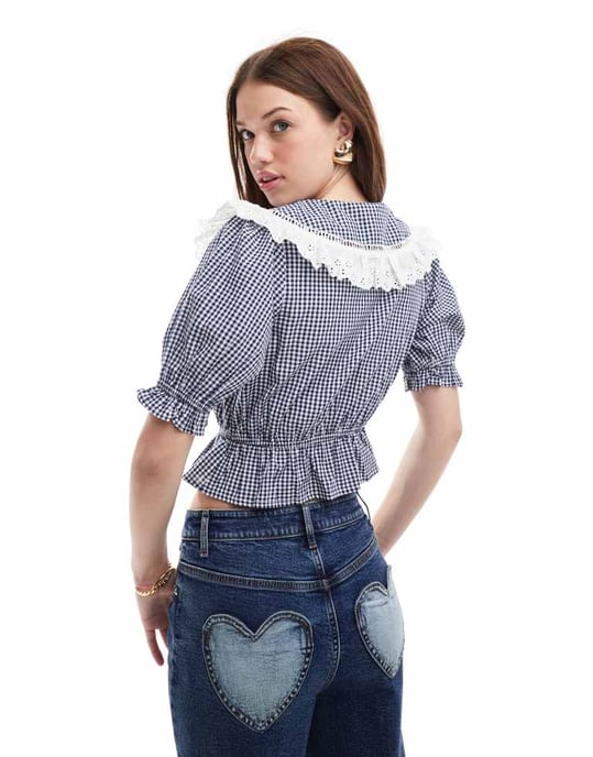 Miss Selfridge krage knytblus i monokrom gingham - Image 3