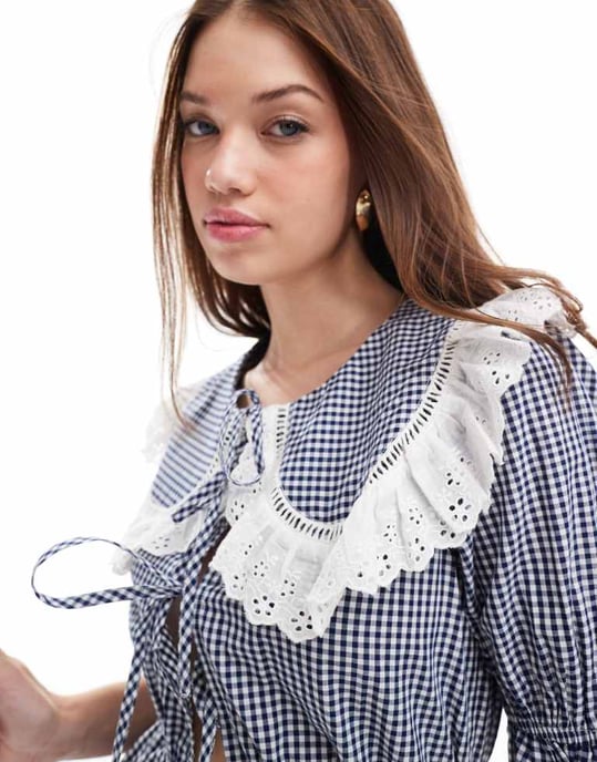 Miss Selfridge krage knytblus i monokrom gingham - Image 4
