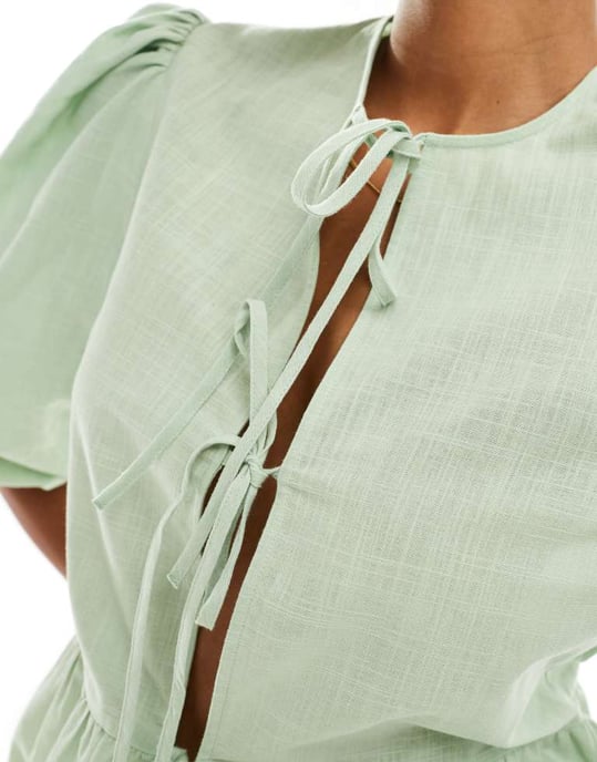 ASOS DESIGN linneblandning knytframs peplum blus i grön - Image 4