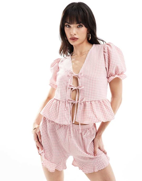 Miss Selfridge puffärm knytframs topp co-ord i rosa rutigt - Image 1