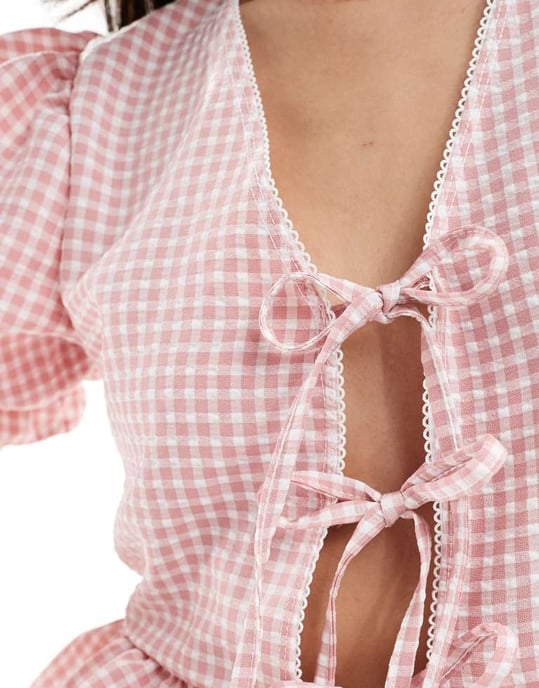 Miss Selfridge puffärm knytframs topp co-ord i rosa rutigt - Image 2