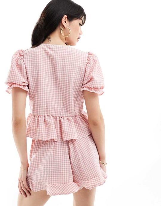 Miss Selfridge puffärm knytframs topp co-ord i rosa rutigt - Image 4
