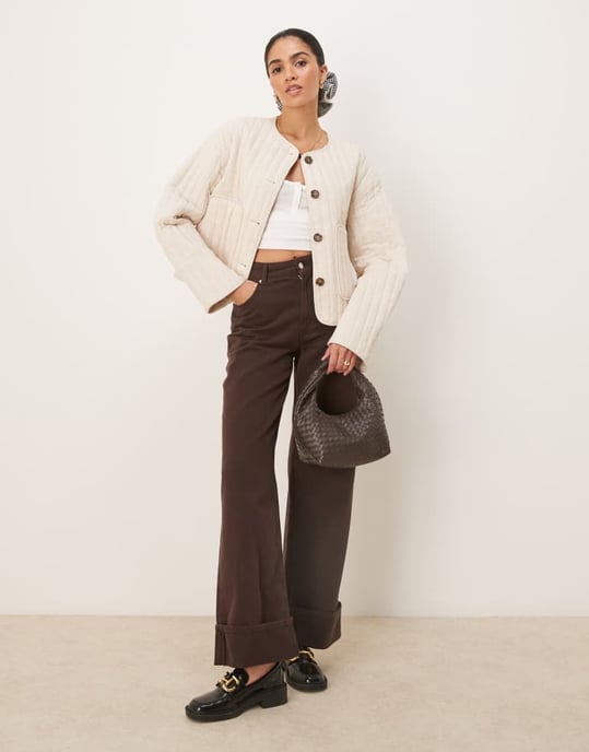 ASOS DESIGN linen crop collarless quilted jacket in oatmeal - Image 2