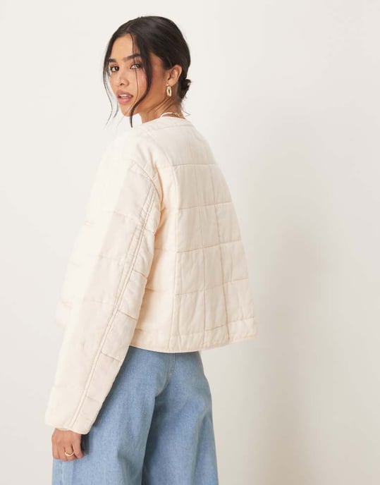 ASOS DESIGN crop collarless quilted jacket in cream - Image 4