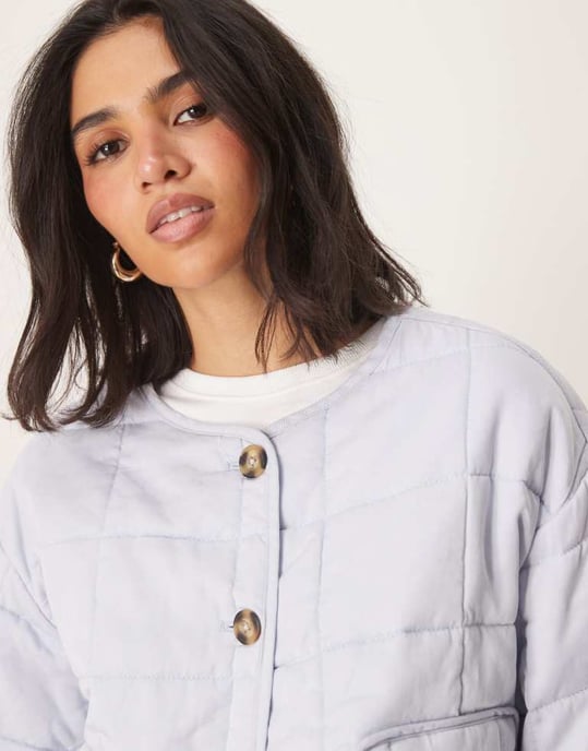 ASOS DESIGN crop collarless quilted jacket in pale blue - Image 3
