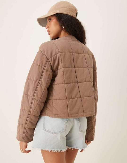 ASOS DESIGN crop collarless quilted jacket in mushroom - Image 2