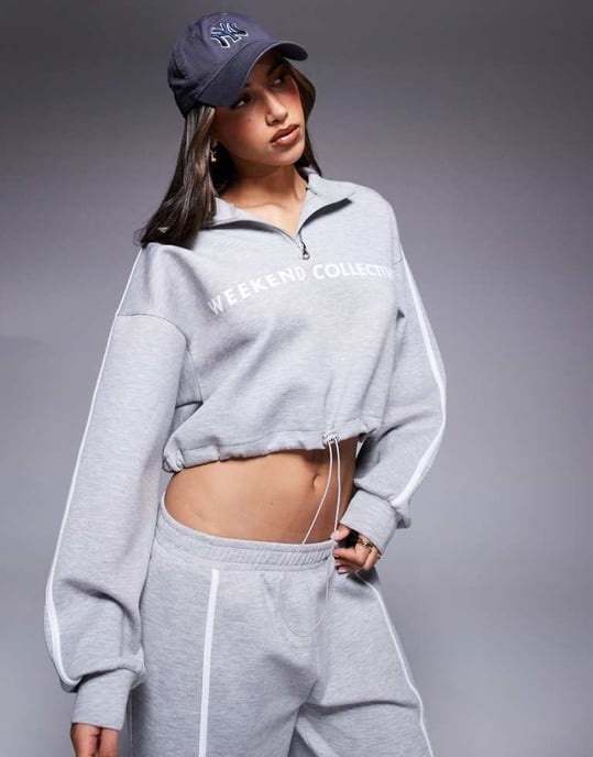 Weekend Collective scuba-style fabric half zip sweatshirt co-ord with stripe detail in grey marl - Image 1