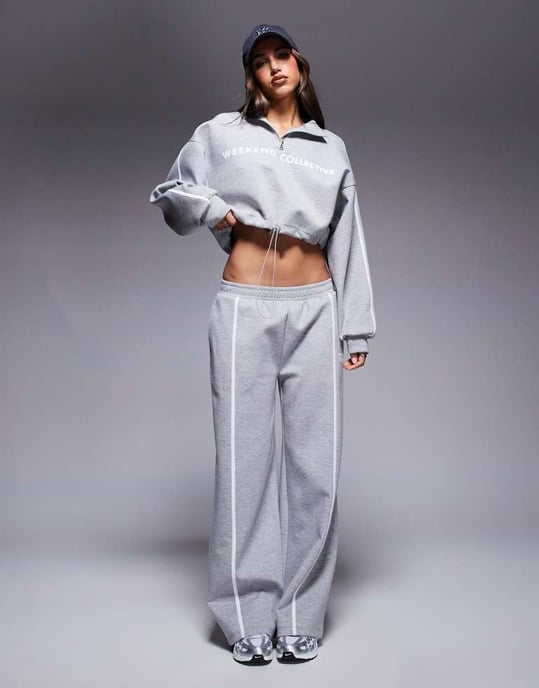 Weekend Collective scuba-style fabric half zip sweatshirt co-ord with stripe detail in grey marl - Image 2