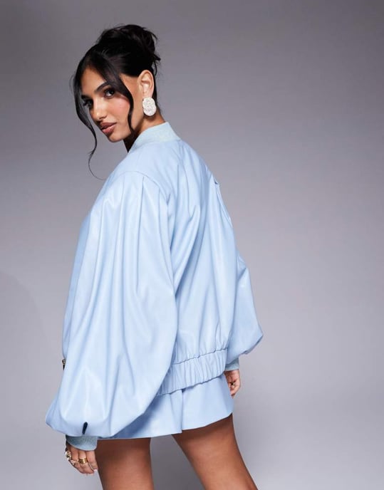 ASOS LUXE PU bomberjacka i puderblått set - Image 4