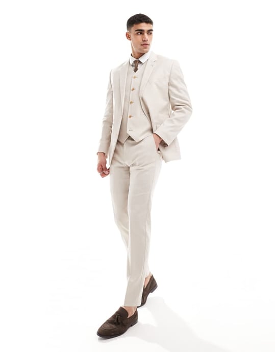 ASOS DESIGN slim linneblandning kostymväst i sten - Image 3