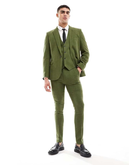 ASOS DESIGN bröllops skinny ullblandning kostym väst i khaki fiskbensmönster - Image 2
