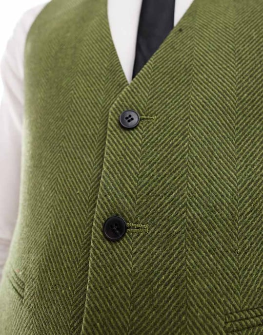ASOS DESIGN bröllops skinny ullblandning kostym väst i khaki fiskbensmönster - Image 4