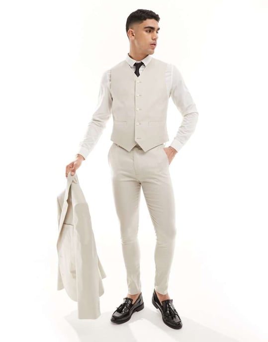 ASOS DESIGN super skinny med linnekostymväst i stenbeige - Image 2