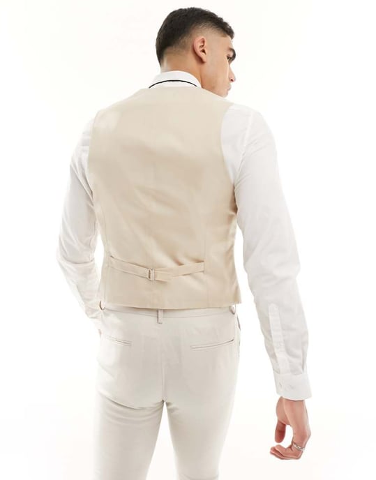 ASOS DESIGN super skinny med linnekostymväst i stenbeige - Image 3