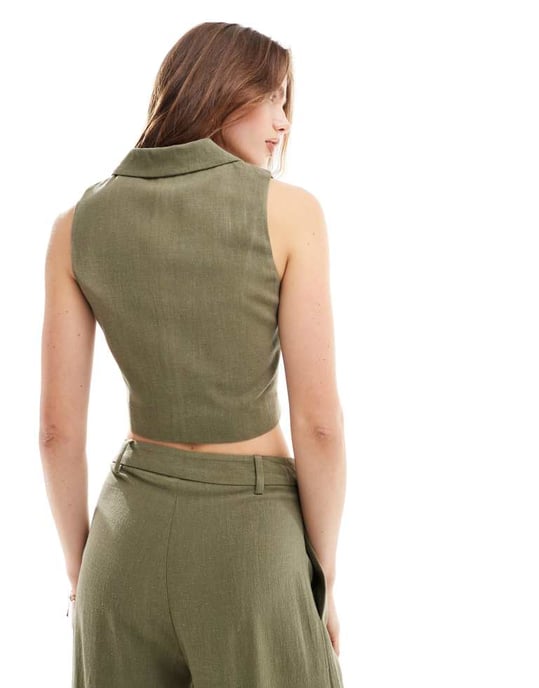 Miss Selfridge linneblandning knapp genom väst i khaki - Image 3