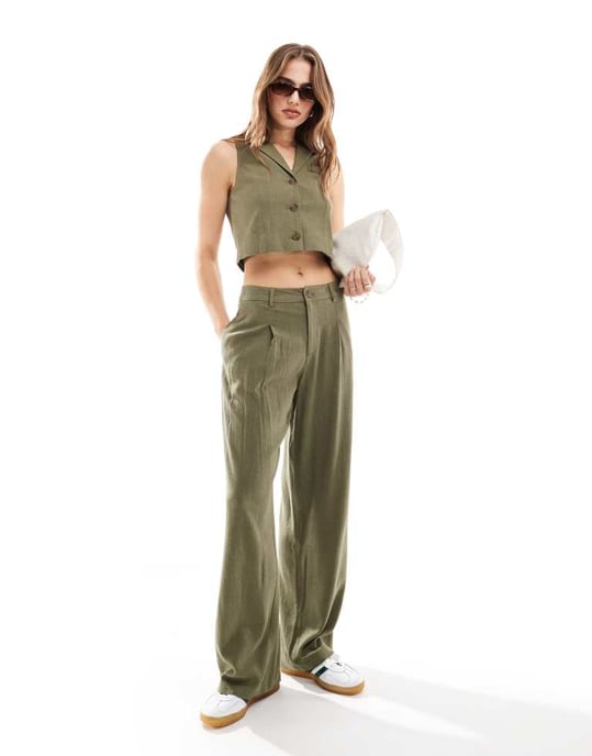 Miss Selfridge linneblandning knapp genom väst i khaki - Image 4