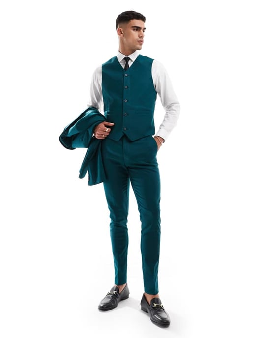 ASOS DESIGN slim med linnekostymväst i tealgrön - Image 3