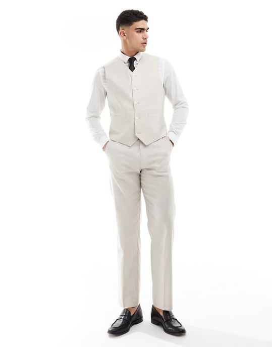 ASOS DESIGN slim med linne kostymväst i gråbeige - Image 2