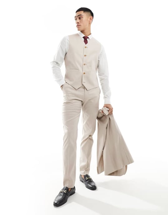ASOS DESIGN slim linne väst i stenfärg - Image 2