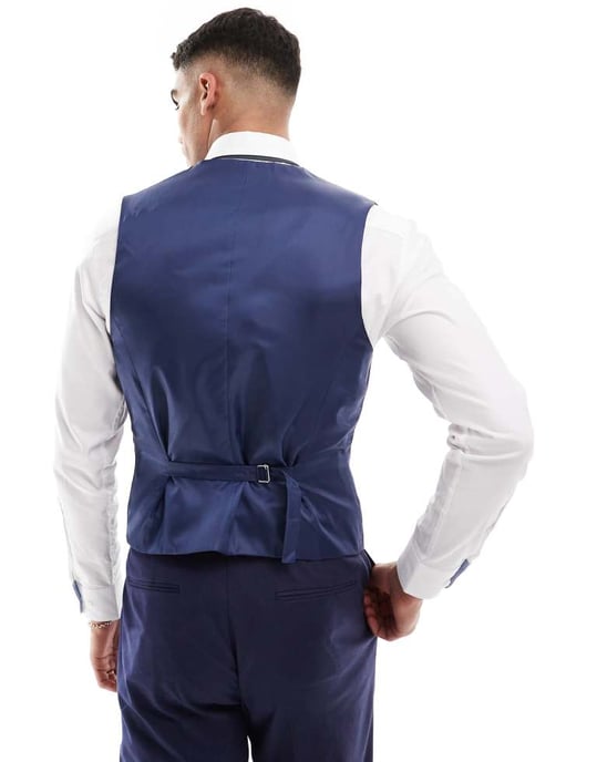 ASOS DESIGN smal väst i linné med kostym i marinblå - Image 2