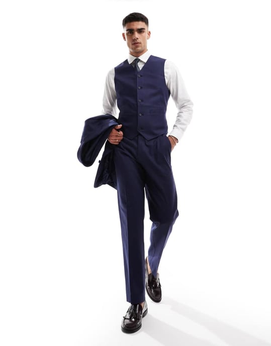 ASOS DESIGN smal väst i linné med kostym i marinblå - Image 3