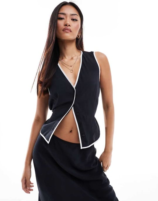 ASOS DESIGN linneblandning väst med kontrasterande kant i svart koord - Image 1