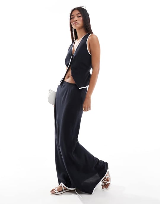 ASOS DESIGN linneblandning väst med kontrasterande kant i svart koord - Image 4