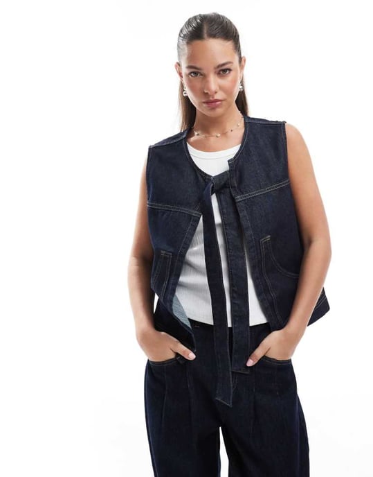 ASOS DESIGN denim tie front gilet in indigo - Image 1
