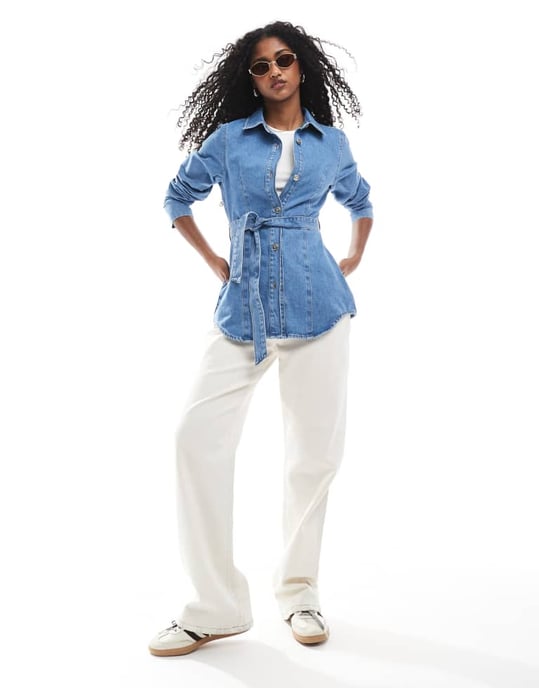 Miss Selfridge cinched waist belted denim jacket in mid wash - Image 2