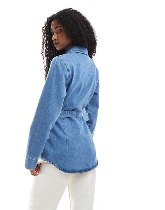 Miss Selfridge cinched waist belted denim jacket in mid wash - Image 4