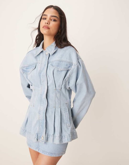 ASOS DESIGN denim premium jacket with cinched waist in lightwash co-ord - Image 1