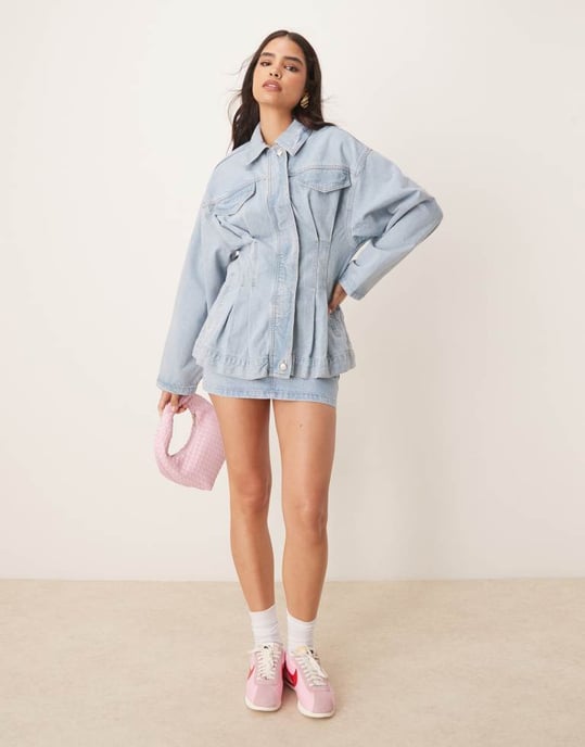 ASOS DESIGN denim premium jacket with cinched waist in lightwash co-ord - Image 4