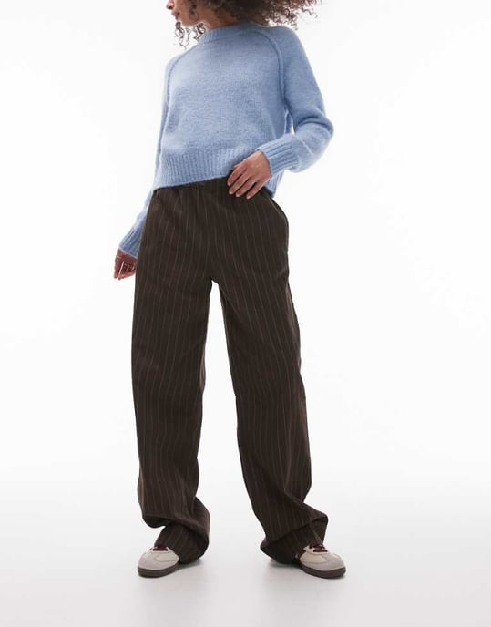 Topshop pull on straight leg striped trouser in chocolate - Image 1